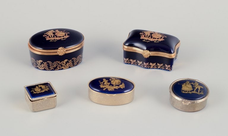 Limoges, France. Five miniature porcelain boxes, two with brass mounts, decorated with 22-karat gold (1 of 9)