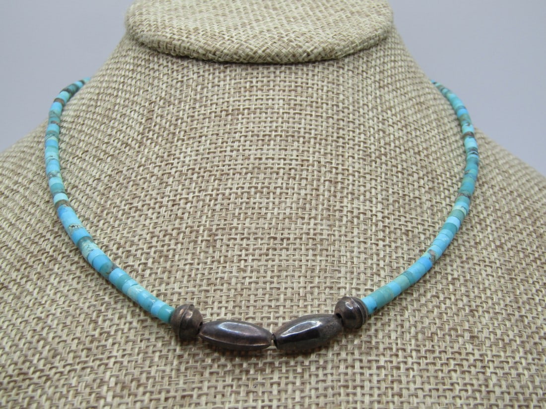 Vintage Sterling Turquoise Heishi Beaded Necklace, Sterling Beads, 16", 1970's (1 of 5)