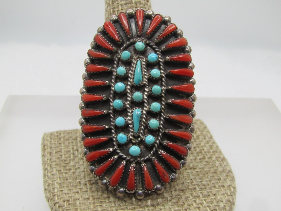 Vintage Sterling Coral Turquoise Ring, Zuni, Petit Point, Signed J Wallace, Sz. 10.5. 1970's-1980's (1 of 7)