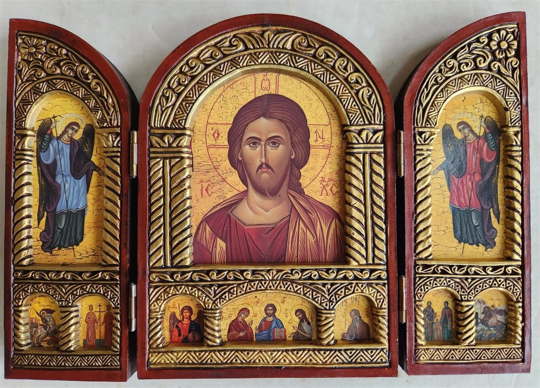GREEK ORTHODOX ICON wooden TRIPTYCH Byzantine JESUS & GUARDIAN ANGELS w/ COA (1 of 5)