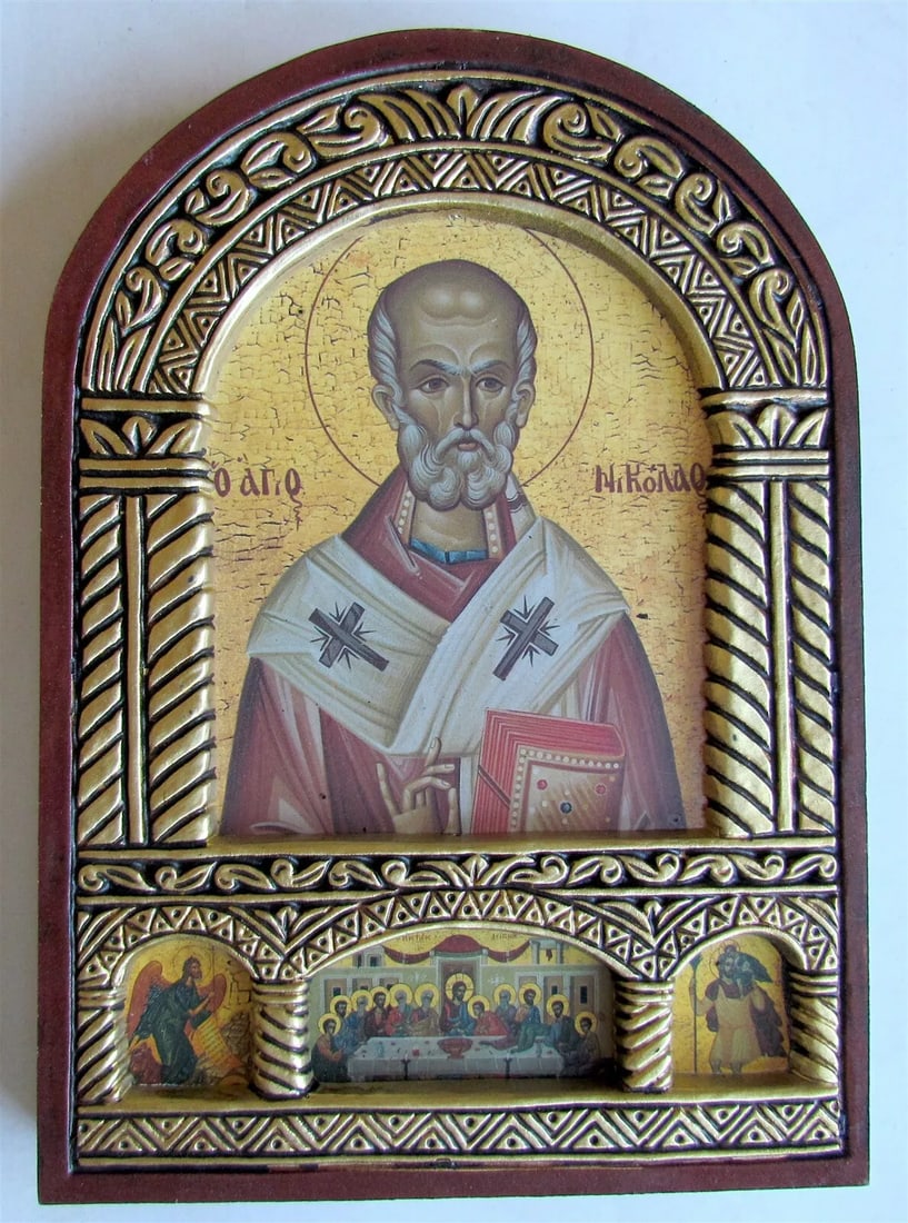 GREEK BYZANTINE STYLE ORTHODOX ICON on WOOD of ST. NICHOLAS: New, not an antique. Size 5 3/4 x 8" Perfect condition. Reserve: $35.00 Shipping: Domestic: Flat-rate of $25.00 to anywhere within the contiguous U.S. International: Foreign shipping rates are determi