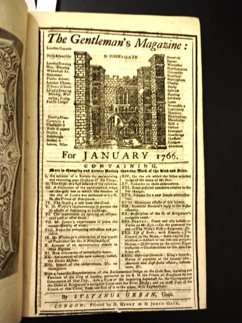 1766 Gentleman's Magazine Colonial Taxation: The Gentleman's Magazine for January 1766 , 48 pages and three engravings. Interesting content including an address by Governor Francis Barnard to the Boston Assembky regarding taxation of the colony.