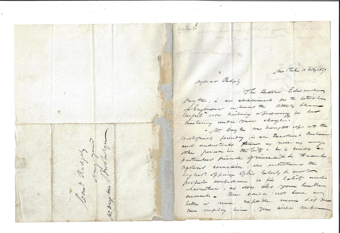 1837 Letter of Recommendation for Navy: An 1837 letter of recommendation of a Westpoint foundry mechanic for the position of Engineer in the Navy. Two pages and attached blank with address panel, measures 8 x 10". Fine. Reserve: $30.00 Ship