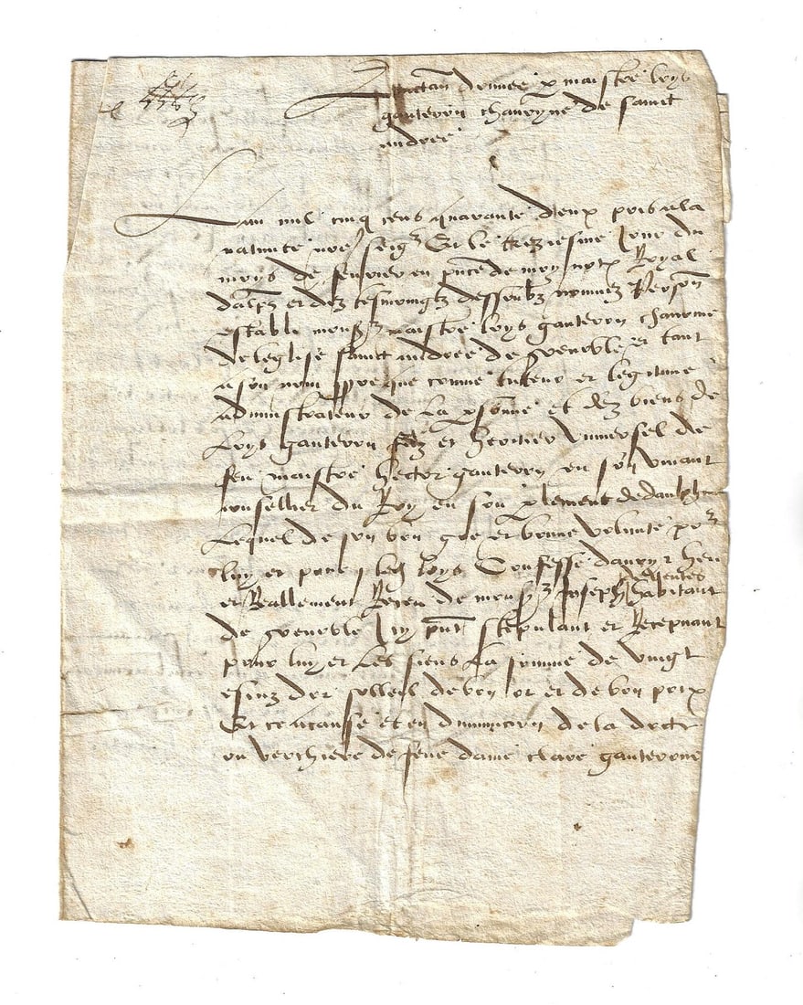 1557 C French Manuscript Boldly Signed: A three page legal agreement in French circa 1557/8, boldly signed at the end. On laid paper with watermark, untranslated. Measures 5.25 x 7". Reserve: $40.00 Shipping: Domestic: Flat-rate of $10.00 t