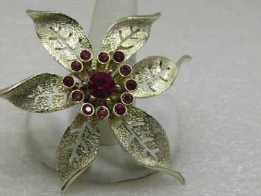 Vintage Pink Rhinestone Floral Brooch, 2.5", 1960's