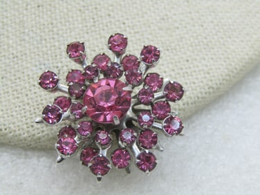 Vintage Pink Rhinestone Brooch Pendant, Starburst/Blossom