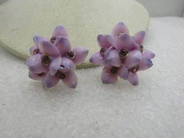 Vintage Lilac Blossom Screw Back Earrings, Rhinestones, Mid-Century