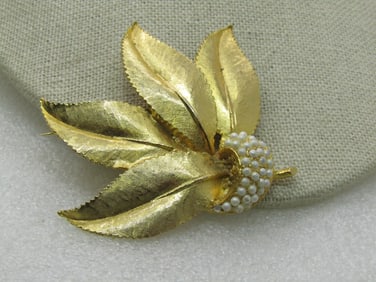 Vintage Gold Tone Leaf & Faux Pearl Brooch, 1960's