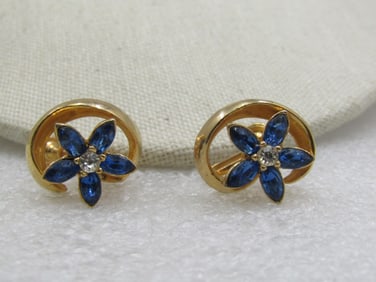 Vintage Blue & Clear Rhinestone Blossom Earrings, Screw Back, Mid-Century