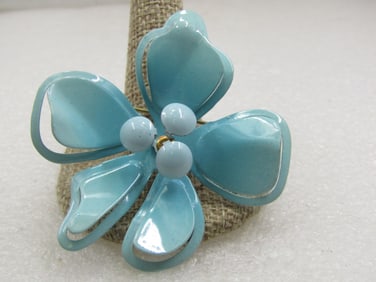 Vintage Enameled Aqua Floral Brooch, 1960's, 2.5"