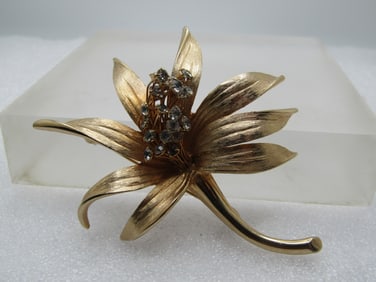 Vintage Floral Brooch, Rhinestone Cluster Center, Signed Judy Lee, 1960's-1970's