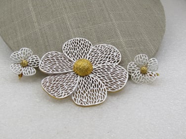 Vintage White Enameled Filigree Floral Brooch & Earring Set, Clip