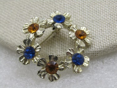 Vintage Blue & Yellow Rhinestone Floral Circle Brooch, 1960's