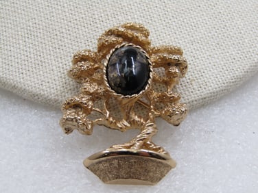 Vintage Gold Tone Bonsai Brooch, Black & Gold Stone, 1-7/8"