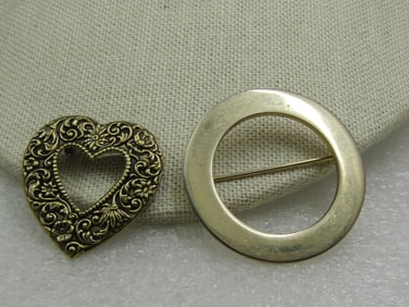 Two Vintage Brooches, Circle & Heart, 1960's-1970's