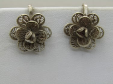 Vintage Sterling Silver Filigree Floral Earrings, Screw Back, Mexico, 1950's-1960's