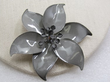 Vintage Enameled Gray Blossom Brooch, 1960's, 3.25"
