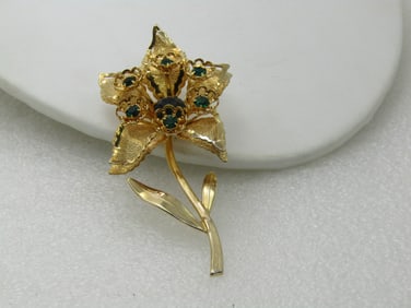 Vintage Green Rhinestone Floral Brooch, 3-1/8" Tall, Gold Tone, 1960's