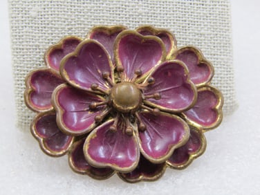 Victorian Purple Tiered Flower Brooch, Brass Setting, C-Clasp, 1800's