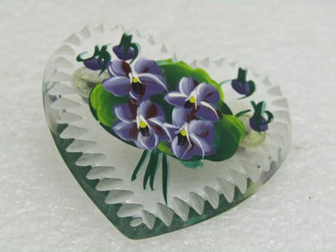 Vintage Lucite Heart Painted Violets Brooch