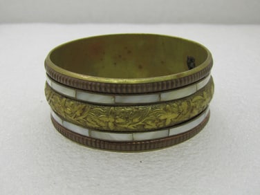 Vintage India MOP & Brass Bangle Bracelet, 7.75", 1.25" Wide