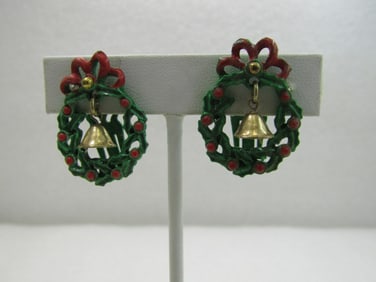 Vintage Green Enameled Christmas Bell Wreath Earrings, Clip