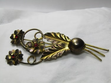 Vintage Gold over Sterling Floral Brooch, 1940's, Art Deco, 3.5"