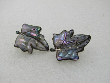 Vintage Sterling Abalone Leaf Earrings, Mexico, Screw Back, 1960's