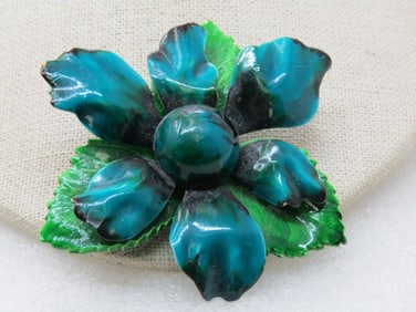Vintage Blue Green Enameled  Floral Brooch , 1960's, 2.75"