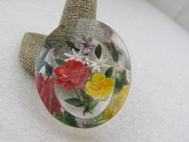 Vintage Reverse Carved Floral Lucite Brooch, 1950's-1960's, Oval 2.25"