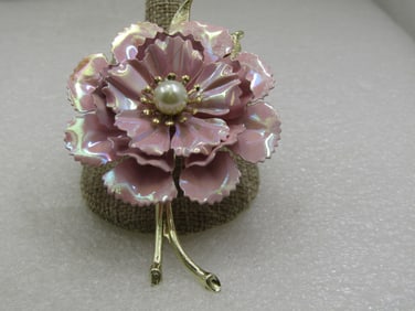 Vintage Iridescent Pink Enameled Carnation Floral Brooch, Faux Pearl, 1960's