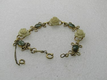 Vintage D'or Faux Carved Rose Bracelet with Green Stones, 7.5" - scrolled accent on each side of the
