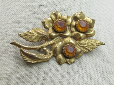 Vintage Gold Rhinestone Floral Brooch, C-Clasp, 1920's-1930's