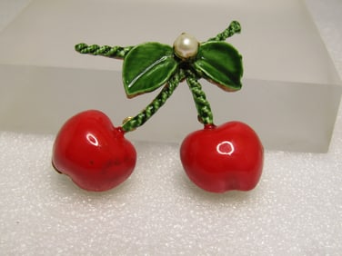 Vintage Enameled Cherry Brooch, with Faux Pearl, , 1960's Signed Original by Robert .