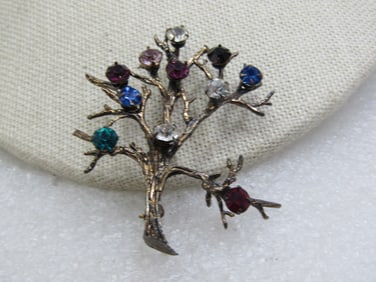 Vintage Sterling Tree/Branch Brooch with Rhinestones, Signed H
