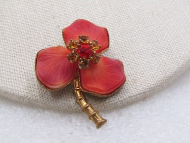 Vintage W. German Glass  Floral Brooch, Salmon, Signed, Mid-Century