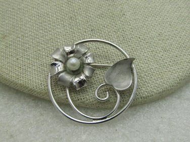 Vintage Sterling Silver Floral Brooch, Circle, 1.25", 1960's Signed NL, 1960'S,