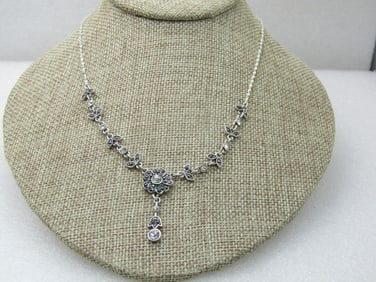 Marcasite & Rhinestone Floral Lavalier Necklace 19.5", Silver Tone, Signed N.R.