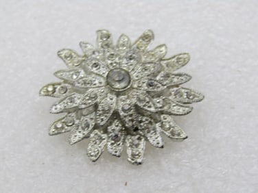 Vintage Rhinestone Floral Blossom Brooch, 1920's, C-Clasp. 1.5"