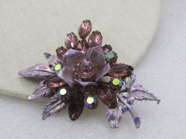 Vintage Lavender Rhinestone & Enameled Floral Brooch, 1940's