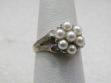 Vintage 14kt White Gold Pearl Cluster Ring, Sz. 6.5