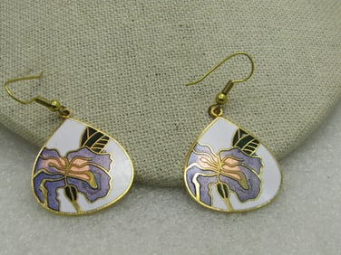 Vintage Cloisonne Orchid Pierced Earrings, Teardrop, 2"