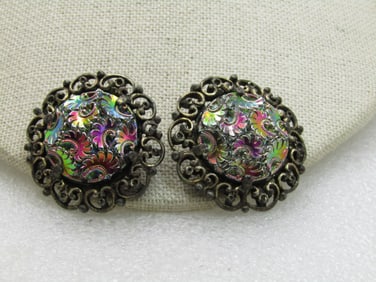 Vintage Pink Iridescent Floral Paisley Clip Earrings, 1950's-1960's