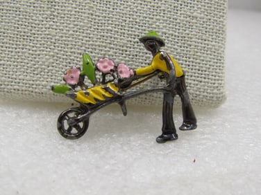 Vintage Enameled Flower Gardener Brooch, 1950's-1960's.