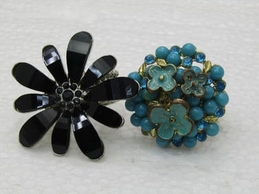 Vintage Two Floral Stretch Rings, Enameled Forget-Me-Not, Black Blossom, Sz. 6.5 and up