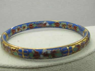 Vintage Floral Cloisonne Asian Bangle Bracelet, 7", 7.4mm