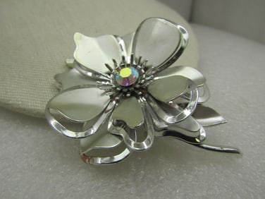 Vintage Silver Tone Floral Brooch, Aurora Borealis Rhinestone, 1960's