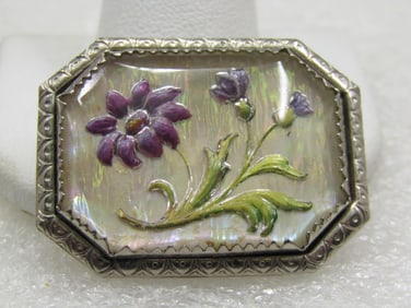 Vintage Reversed Carved Painted Floral Brooch, Framed