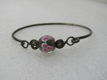 Vintage Sterling Floral Bead Bangle Bracelet, 7"