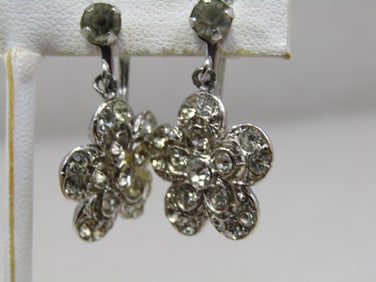 Vintage Rhinestone Floral Stud & Drop Earrings, Screwback